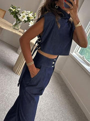 Women's Fashion Fake DenimrTop and Cropped Tapered Pants Set