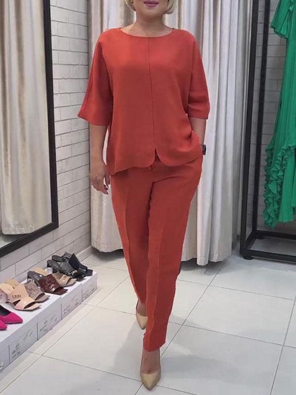 Women's Casual Solid Color Blouse and Cropped Tapered Pants Set