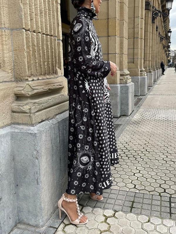 Lapel long-sleeved printed shirt dress