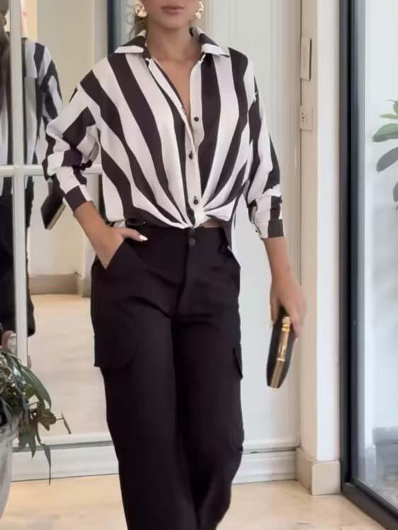 Women's Fashion Stripe Blouse and Wide Leg Pants Two-piece Set