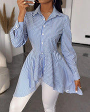 Women's Fashion Striped Buttoned Long Sleeve Asymmetrical Top