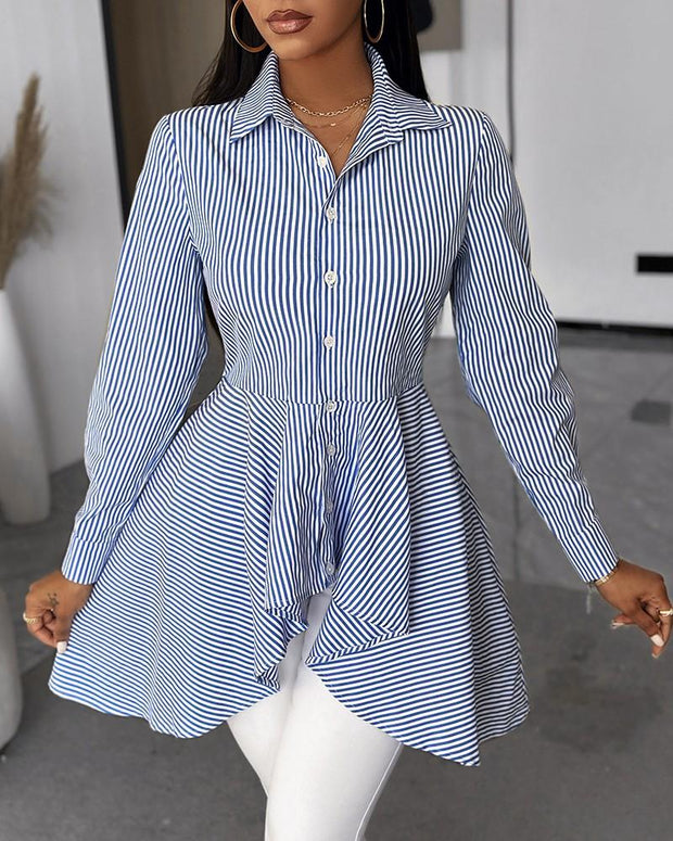 Women's Fashion Striped Buttoned Long Sleeve Asymmetrical Top