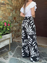 Women's Boho Flouncing Blouse and Wide Leg Pants Set