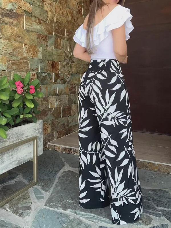 Women's Boho Flouncing Blouse and Wide Leg Pants Set