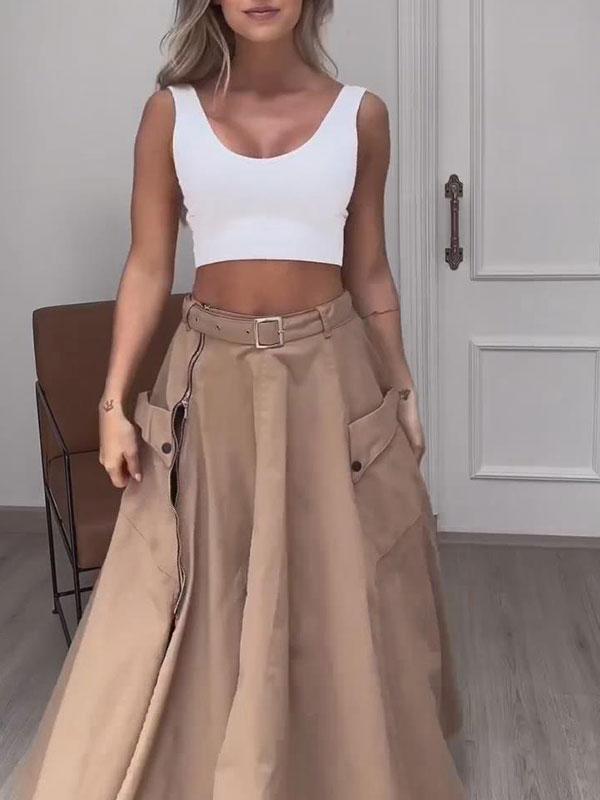 Sleeveless solid color slit two piece set