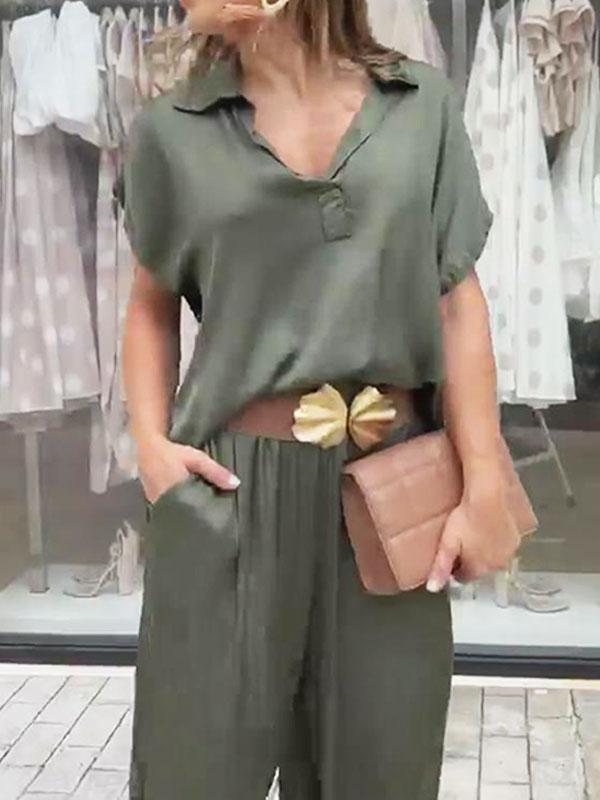 Women's Casual Solid Color Blouse and Wide Leg Pants Set Without Belt