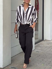 Women's Fashion Stripe Blouse and Wide Leg Pants Two-piece Set