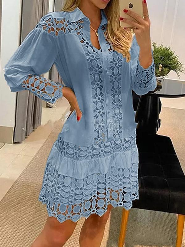 Ladies Lapel Cutout Lace Patchwork Dress