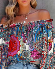 Women's Boho Tribal Print Off Shoulder Lantern Sleeve Top Blouses