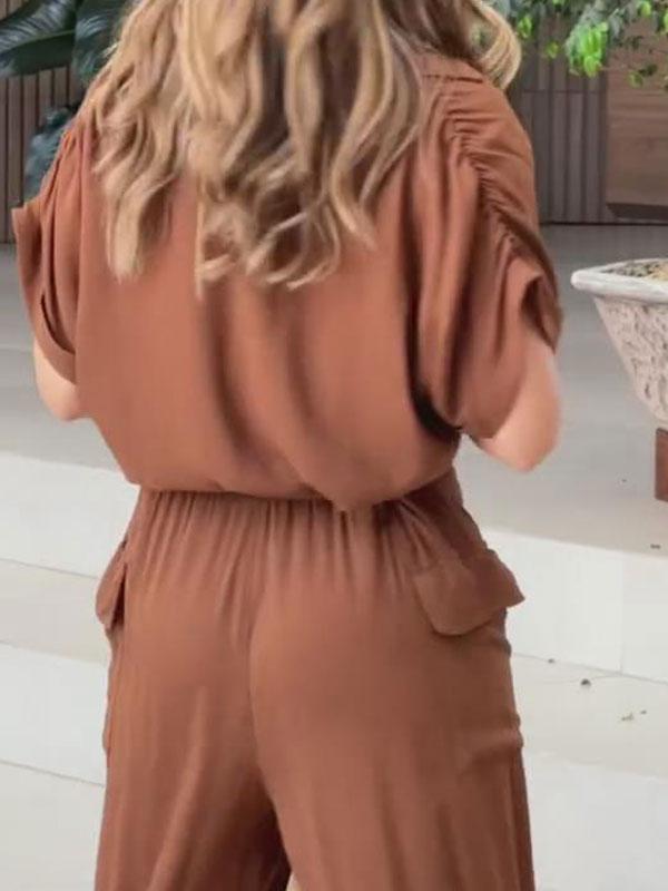 Women's Casual Solid Color Blouse and Wide Leg Pants Suit