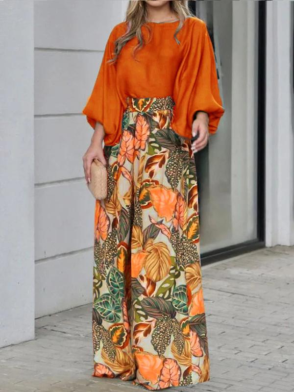 Lantern Sleeve Loose Top Printed Wide Leg Pants Two-piece Set