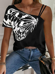 Casual One Shoulder Butterfly Print T-shirt Loose Short Sleeve Blouse