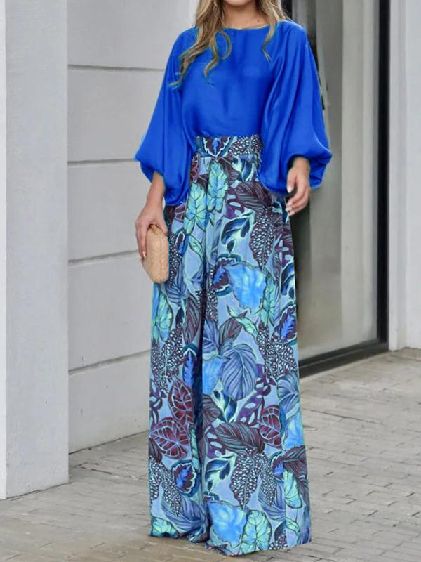 Lantern Sleeve Loose Top Printed Wide Leg Pants Two-piece Set