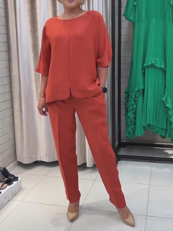 Women's Casual Solid Color Blouse and Cropped Tapered Pants Set