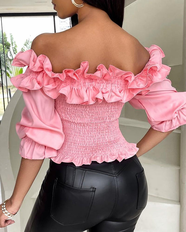 Women's Fashion Frill Hem Shirred Off Shoulder Top Blouses