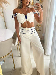 Women's Fashion Flouncing Crop Tops and Wide Leg Pants Two-piece Set