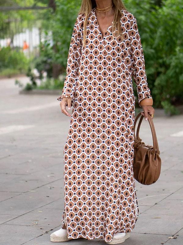 Women's Boho Geometric Print V Neck Dress