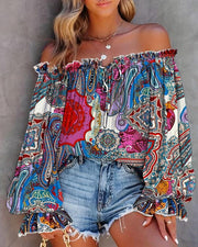 Women's Boho Tribal Print Off Shoulder Lantern Sleeve Top Blouses