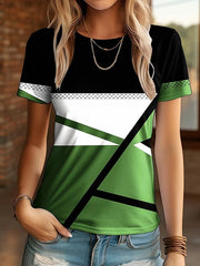 Women's Round Neck Color Block Printed Casual Short Sleeve Top