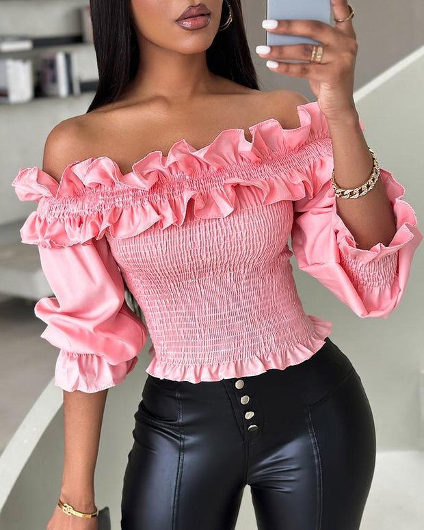 Women's Fashion Frill Hem Shirred Off Shoulder Top Blouses