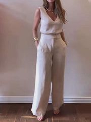 Women's Casual Solid Color Linen Top and Wide Leg Pants Set