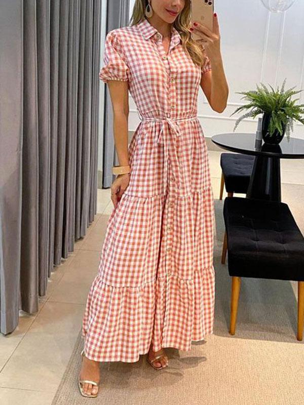 Women's Fashion Plaid Short Sleeve Swing Shirt Dress