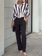 Women's Fashion Stripe Blouse and Wide Leg Pants Two-piece Set