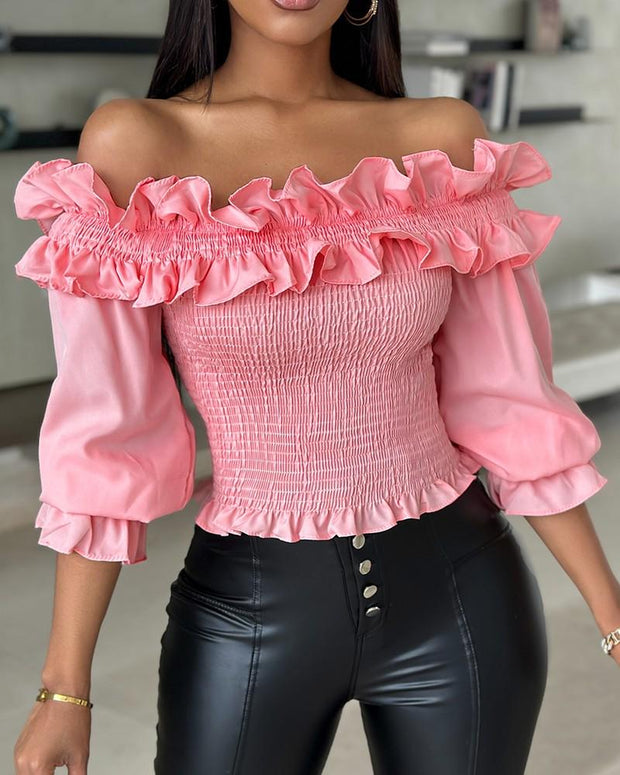 Women's Fashion Frill Hem Shirred Off Shoulder Top Blouses