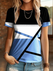 Women's Round Neck Color Block Printed Casual Short Sleeve Top