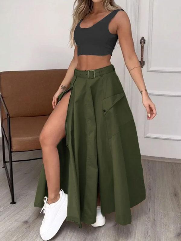 Sleeveless solid color slit two piece set