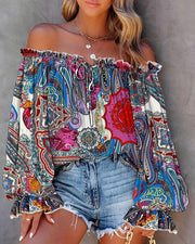 Women's Boho Tribal Print Off Shoulder Lantern Sleeve Top Blouses