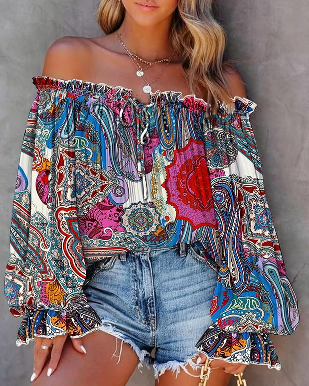 Women's Boho Tribal Print Off Shoulder Lantern Sleeve Top Blouses