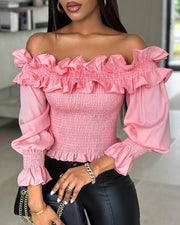 Women's Fashion Frill Hem Shirred Off Shoulder Top Blouses