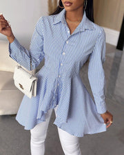 Women's Fashion Striped Buttoned Long Sleeve Asymmetrical Top