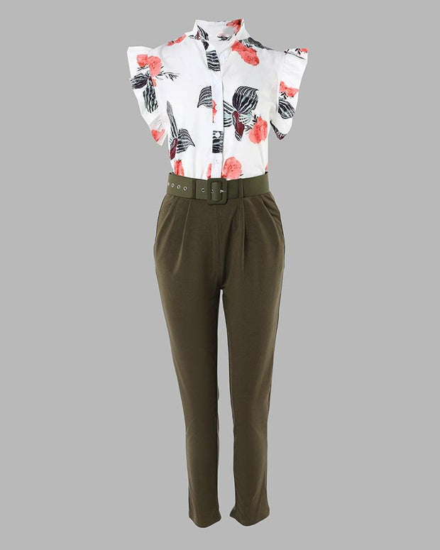 Women's Casual Tropical Print Flutter Sleeve Top & Pants Set With Belt