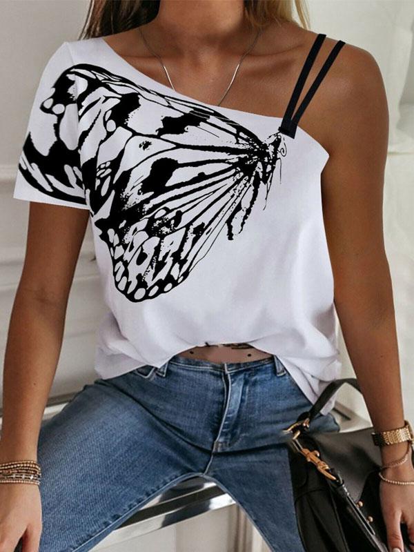 Casual One Shoulder Butterfly Print T-shirt Loose Short Sleeve Blouse