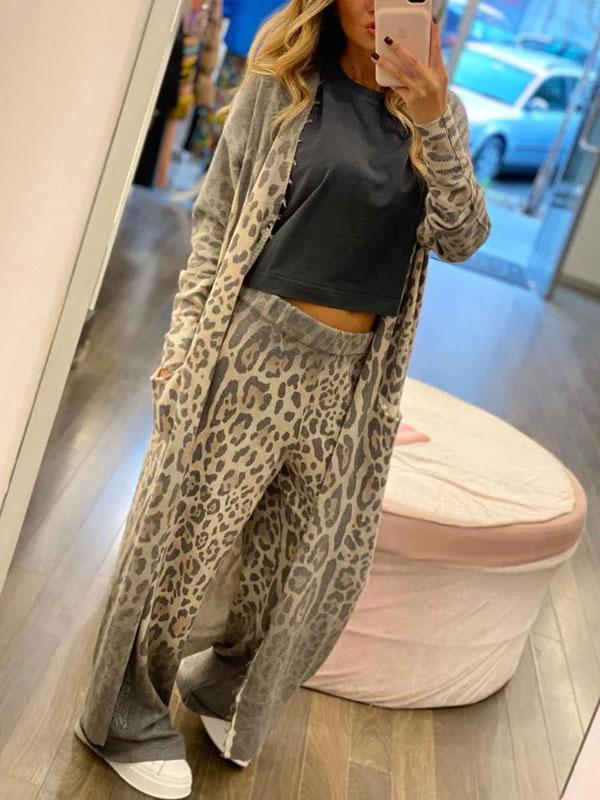 Leopard-Print Cardigan Straight Pants Set