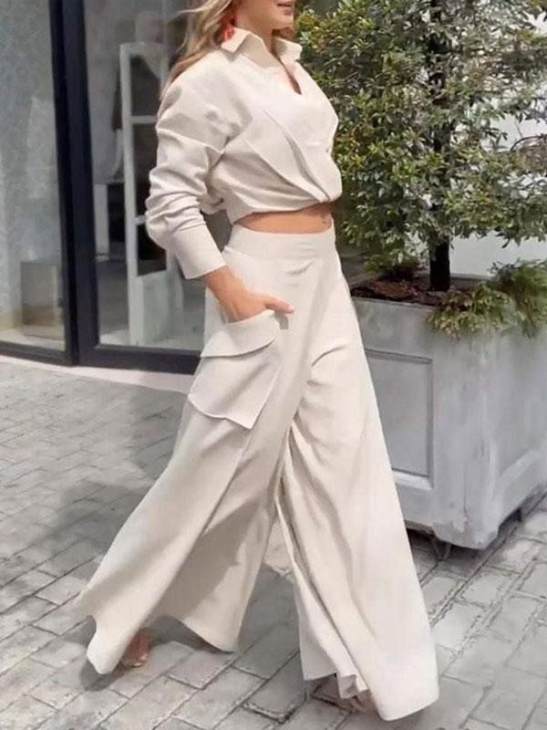 Women's Fashion Solid Color Shirt and Pants Two-piece Set