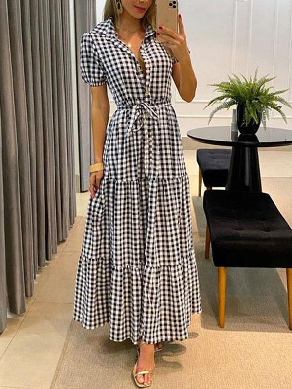 Women's Fashion Plaid Short Sleeve Swing Shirt Dress