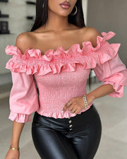 Women's Fashion Frill Hem Shirred Off Shoulder Top Blouses