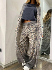 Leopard-Print Cardigan Straight Pants Set