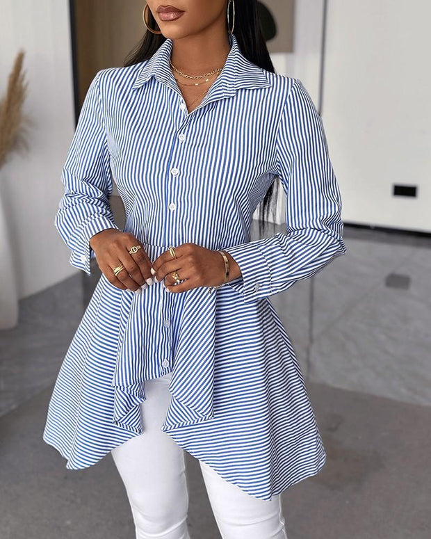 Women's Fashion Striped Buttoned Long Sleeve Asymmetrical Top