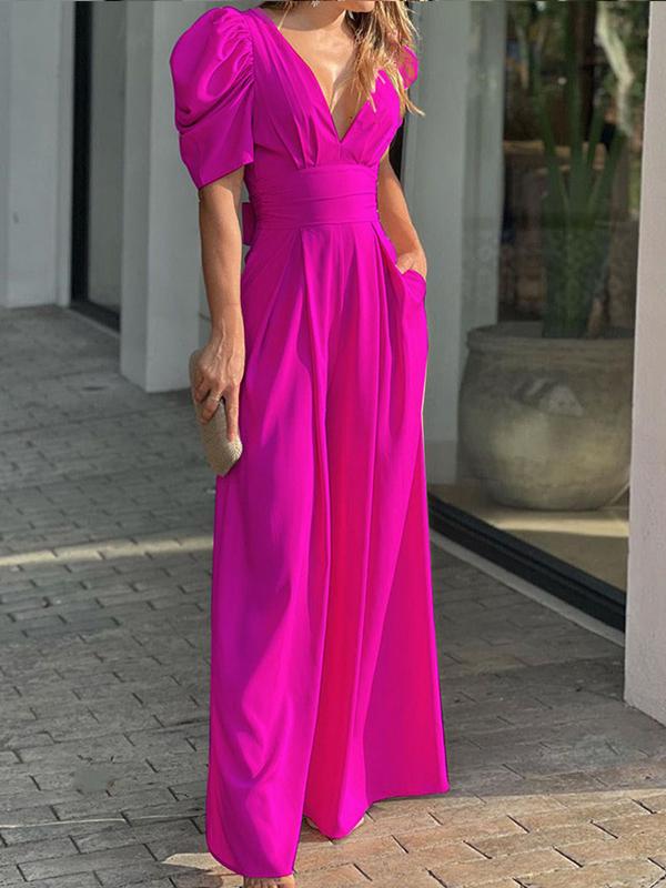 Women's Solid Color Temperament Elegant V-neck High Waist Wide Leg Jumpsuit