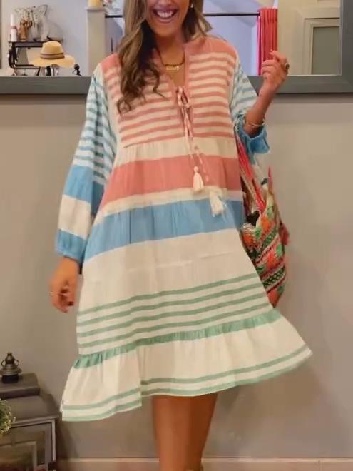 Women's Striped Contrast Long Sleeve Dress