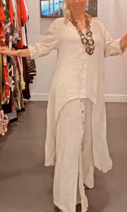 cotton and linen long top and pants suit