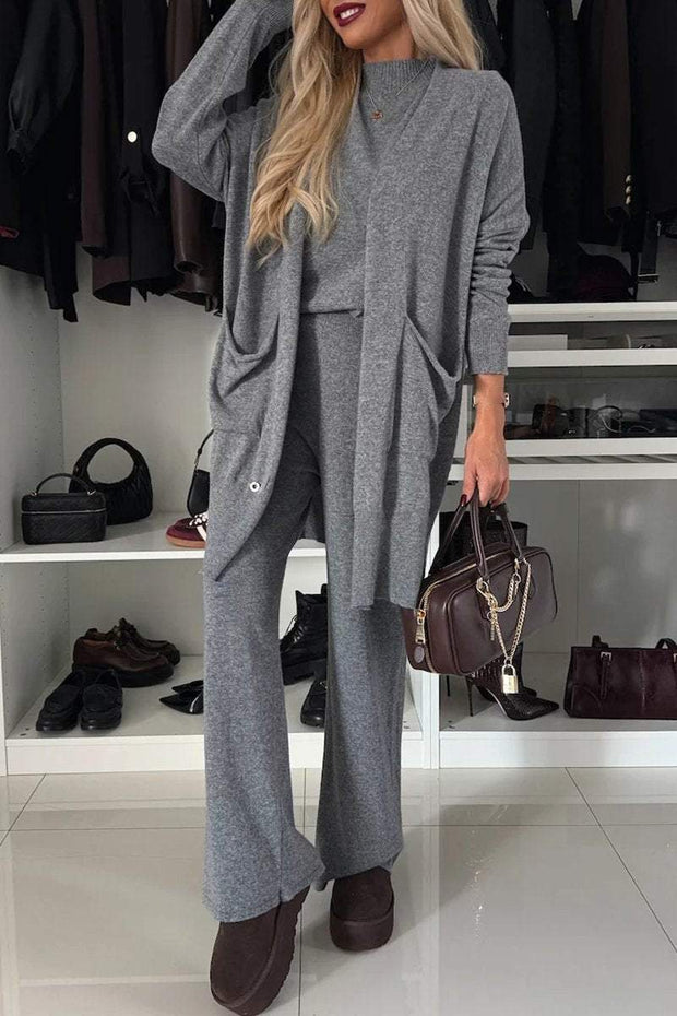 Women's Round Neck Long Sleeve Knitted Casual 3 Piece Suit