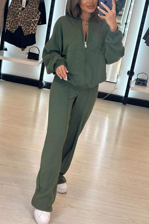 Women's Casual Round Neck Zipper Two Piece Suit