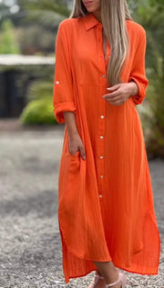 Women's Casual Solid Color Button Front Linen Shirt Dress