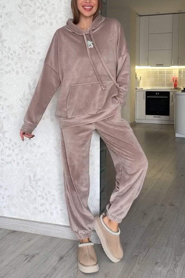 Women's Casual Hooded Suede Two-piece Suit