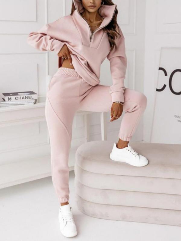 Casual sweatshirt stand collar zipper solid color trousers suit